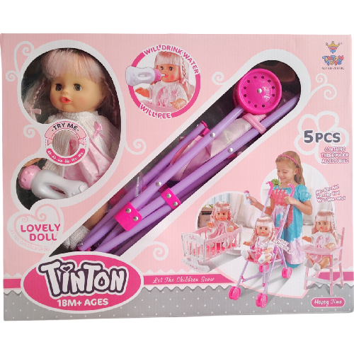 TIN BB-78979C MUÑECA C/ SONIDO, CARREOLA, CUNA Y PERIQUERA *caja 40*50cm