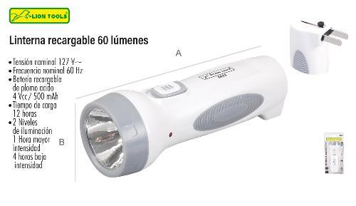 LION 8833 LINTERNA RECARGABLE BLANCA 60 Lumenes 13cm*4.5cm