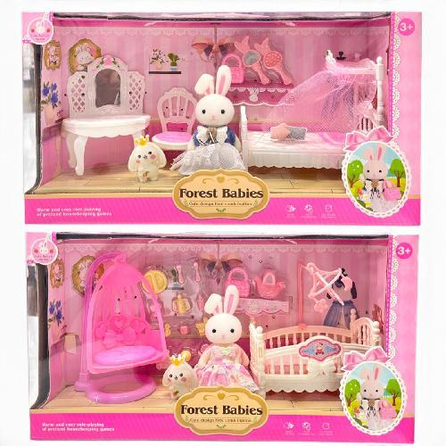 YY 3008-33/3008-34 SET DE CONEJITA C/ACCESORIOS RECAMARA Y CUNA FOREST BABIES Med. Emp. 17x9x32cm
